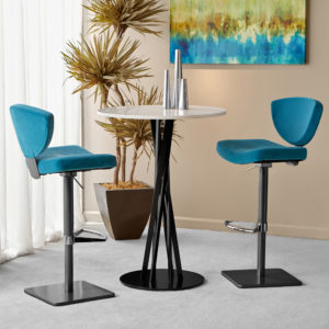 Metal and blue upholstered barstool chairs with round high top table.