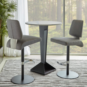 Metal grey upholstered barstools with backs and swivel and round high top table.