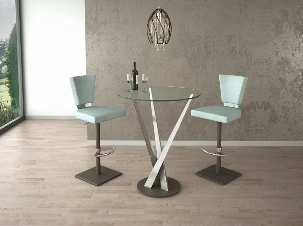 Glass and metal high top round pub table and metal and blue upholstered barstools with backs and swivel.