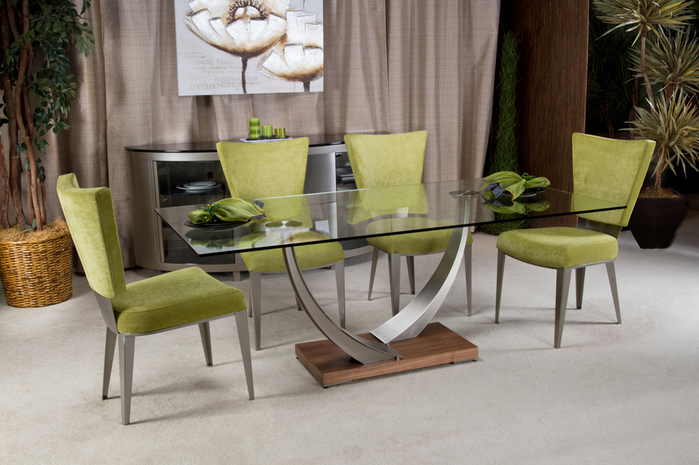 Rectangular glass top dining table and chairs.