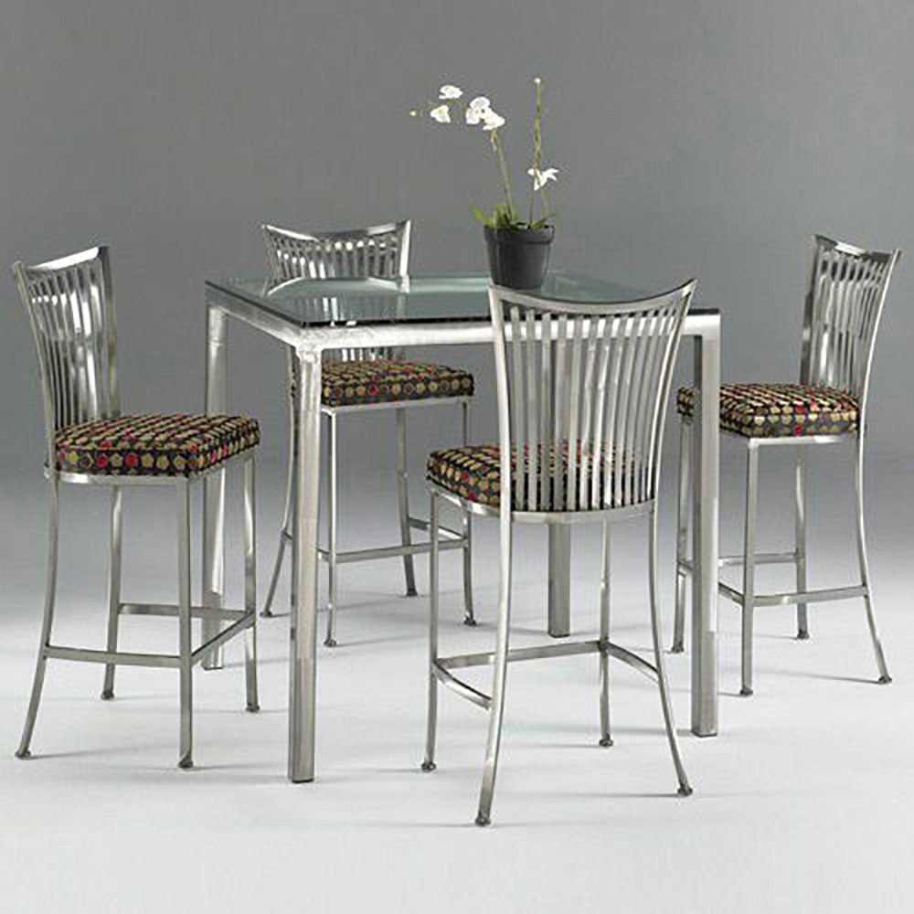 Square pub table made with glass and metal and unique upholstered chairs with metal frames.