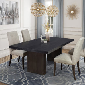 Dark wood rectangular dining table with grey upholstered chairs.