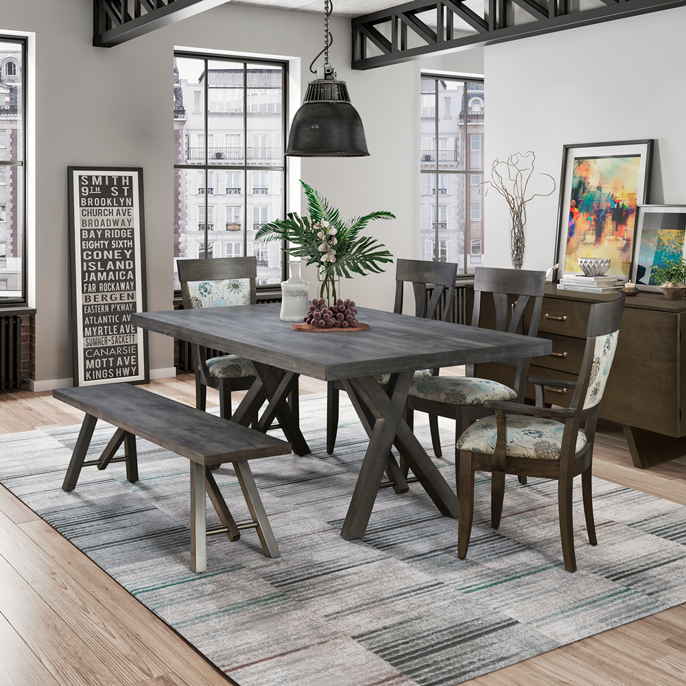 Dark wood rectangular dining table with upholstered dark wood chairs.