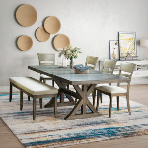 Dark wood rectangular dining table with wood base and upholstered wooden chairs.