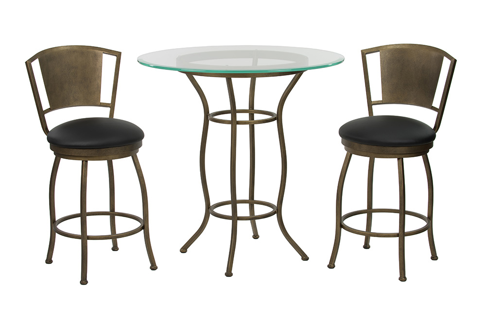 Black upholstered chairs and round glass pub table with metal frames.