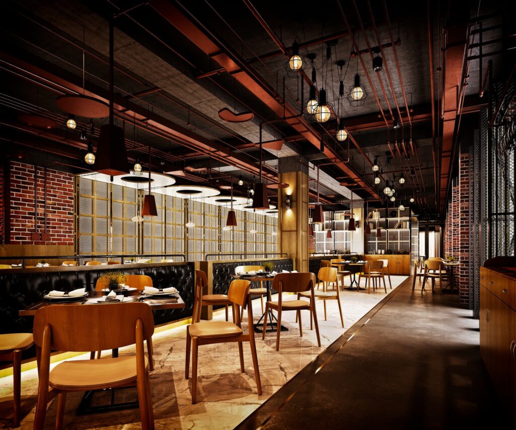 A contemporary restaurant with industrial-style decor. 