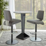 Elite Modern Magnum Barstool Metal grey upholstered barstools with backs and swivel and round high top table.