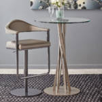 Elite Modern Tiffany Barstool Metal beige upholstered barstools with backs and swivel and glass and metal round high top table.