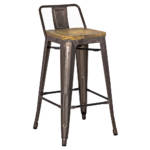 New Pacific Direct Metropolis II Grey Bar Stool A tall, metal bar stool with a wooden seat, featuring a modern industrial design and four legs for stability.