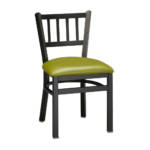 Regal Seating 309U Dining Chair A sleek, black metal chair with a green padded seat, featuring a simple slatted back design.