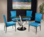 Elite Modern Crystal Dining Table Set Round glass top dining table and blue upholstered chair.