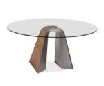 Elite Modern Hyper Dining Table Round glass dining table with wooden and metal base.