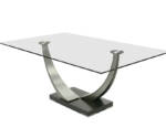 Elite Modern Tangent Dining Table Rectangular glass top dining table with metal base.