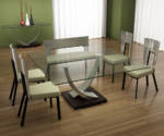 Elite Modern Tangent Dining Table Set Square glass dining table and metal and green upholstered chairs.