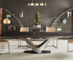 Elite Modern Victor Dining Table Set Dark wood rectangular dining table with silver base and beige chairs.
