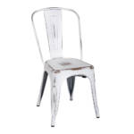 New Pacific Direct Metropolis White Dining Chair A vintage-style metal chair with a distressed white finish, showcasing a minimalist design and slightly worn edges.