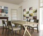 Saloom Quincy Dining Table Set Solid wood rectangular dining table with upholstered wooden chairs.